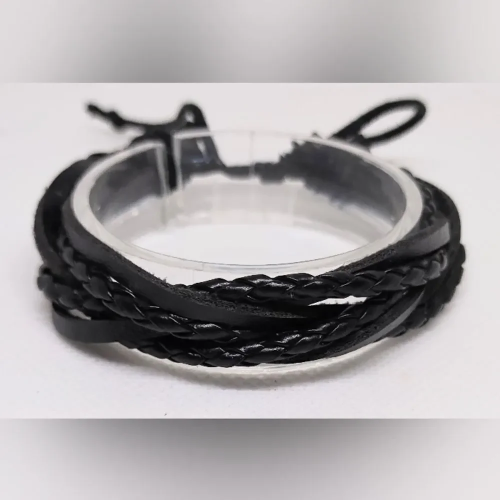 Men's leather bracelet braided‎ layered black new e50